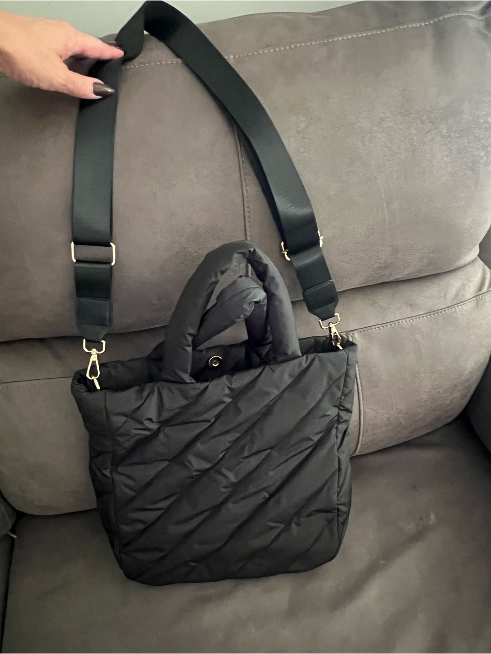 Black Quilted Tote Bag with Adjustable Strap